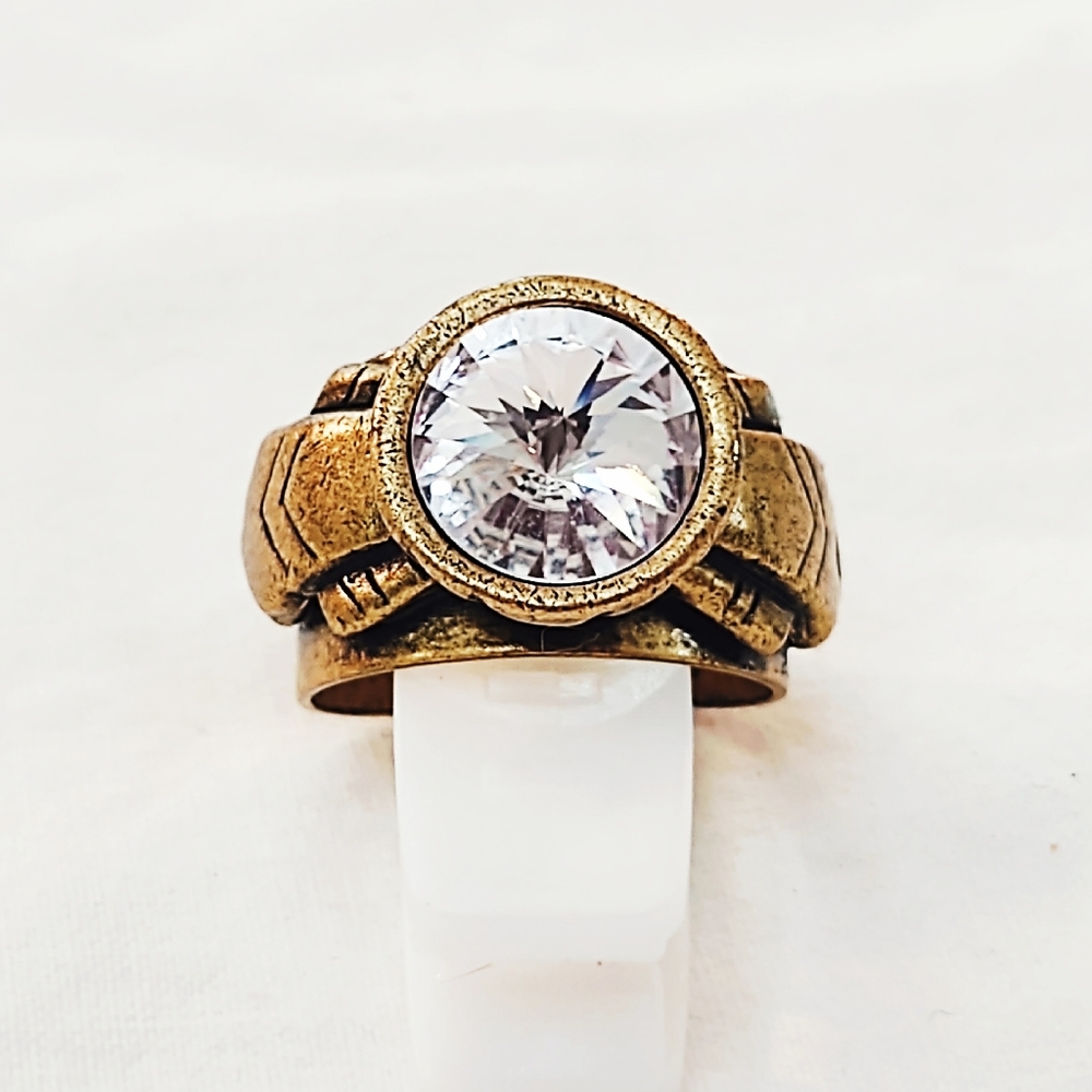 Vintage Wide Mid-Century Modern Bronze Crystal Ring